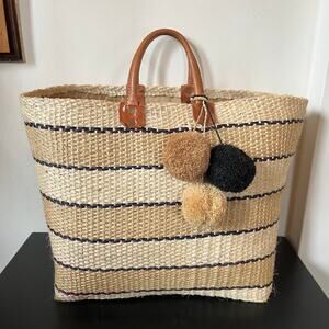 Mar y Sol Cyprus Tote Large Handwoven Raffia Sisal Open Top Striped Pom